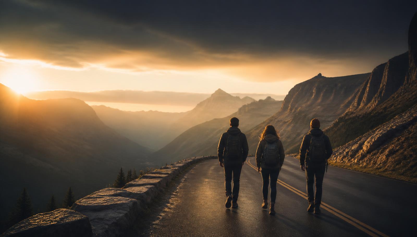 Tre amici con lo zaino camminano lungo una strada di montagna all'alba